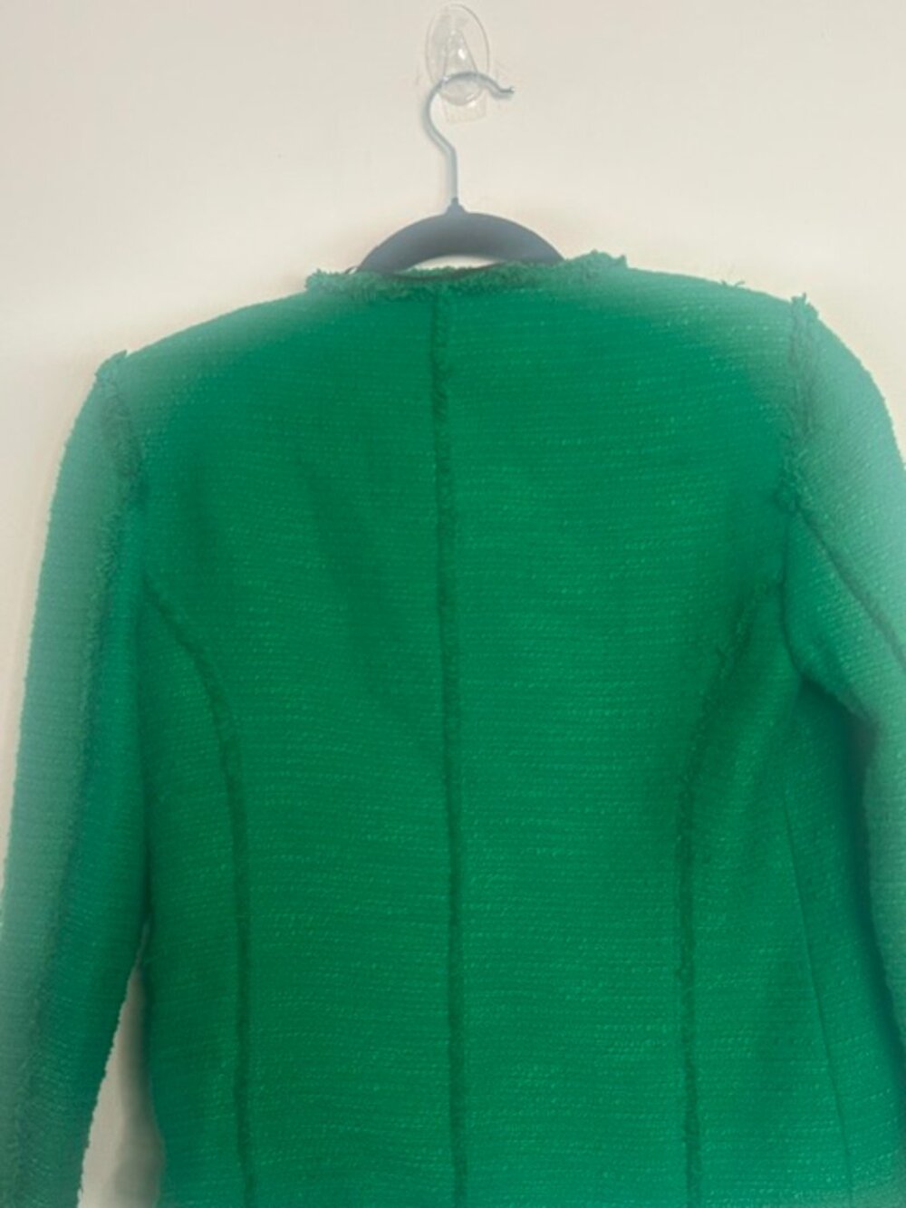 Zara Lush Green Tweed Jeweled Rhinestone Buttons Raw Fringe Trim Lined Jacket - Picture 14 of 16